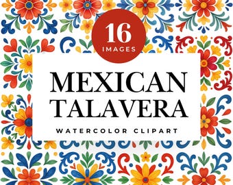 Mexican Talavera Tiles Clipart: Watercolor Floral Mosaic (PNG Digital Download)