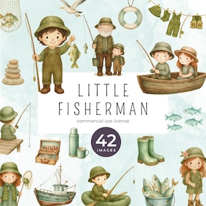 Little Fisherman Clipart, Watercolor Fishing Kids PNG, Cute Outdoor Adventure, Boy Camping Art, Lake Boat Fish, Baby Shower Clipart