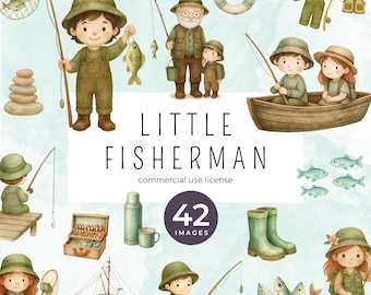 May include: Watercolor illustration with the text "LITTLE FISHERMAN" and "42 IMAGES". The image features several depictions of fishing, including children and adults fishing, a boat, and fishing gear.