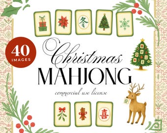 Christmas Mahjong Clipart Set: Watercolor Asian Tiles (PNG Download)