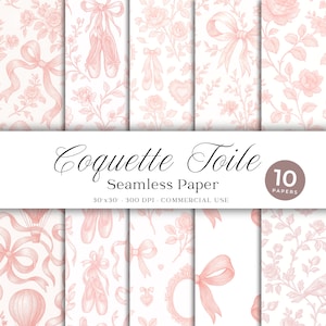 Può includere: Una collezione di dieci carte senza cuciture con un delicato design rosa e bianco. I motivi includono fiocchi, scarpette da ballo, rose e altri elementi floreali. Il testo "Coquette Toile" e "Seamless Paper" sono visualizzati.