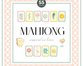Watercolor Mahjong Tile Clipart Set, Asian Party PNG (Digital Download)