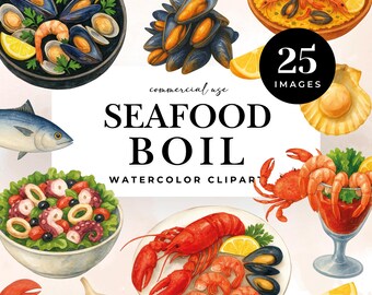 Seafood Boil Clipart: Watercolor Shrimp, Crawfish & Cajun Cooking (PNG Download)