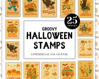 Clipart di francobolli vintage di Halloween, pacchetto PNG retrò (download digitale)