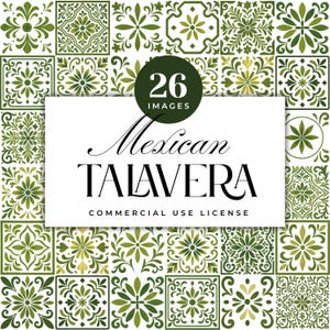 May include: A collection of 26 images featuring green and white Mexican Talavera tile patterns. The designs include floral and geometric motifs, suitable for commercial use. The text "Mexican Talavera" is displayed prominently.