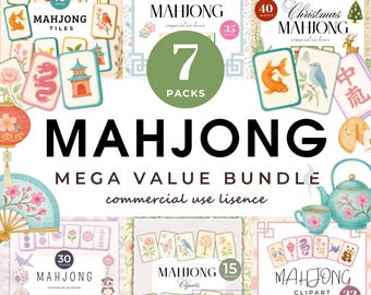 Pacote de imagens PNG de peças de Mahjong em aquarela, design asiático (download digital)