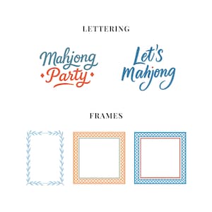 Puede incluir: Elementos de dise&ntilde;o para un tema de Mahjong. La imagen muestra dos dise&ntilde;os de letras: "Mahjong Party" y "Let's Mahjong". Tambi&eacute;n presenta tres dise&ntilde;os de marcos cuadrados con bordes decorativos en azul, naranja y azul con detalles en rojo.