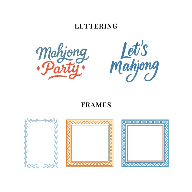 Puede incluir: Elementos de dise&ntilde;o para un tema de Mahjong. La imagen muestra dos dise&ntilde;os de letras: "Mahjong Party" y "Let's Mahjong". Tambi&eacute;n presenta tres dise&ntilde;os de marcos cuadrados con bordes decorativos en azul, naranja y azul con detalles en rojo.