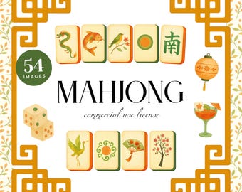 Imágenes prediseñadas de fichas de Mahjong en acuarela, patrón asiático sin costuras (PNG)
