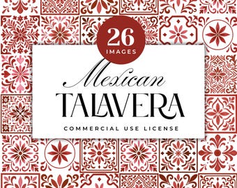 Rode talavera tegel clipart, aquarel bloemen mozaïek, transparante achtergrond (digitale download)