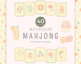 Watercolor Mahjong Clipart Set, Pastel Tiles, Asian Decor (PNG, Digital Download)