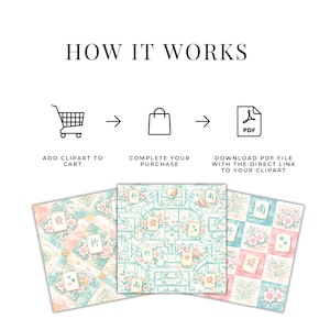 May include: An image showing the steps to purchase clipart. The steps are: add clipart to cart, complete your purchase, and download the PDF file. The image also shows three square designs with floral and Chinese character patterns.