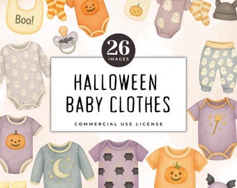 Watercolor Halloween Baby Clothes Clipart, Spooky Onesie PNG (Digital Download)