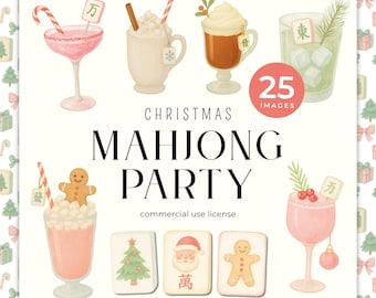 Christmas Mahjong Clipart – Watercolor Cocktails & Tiles (PNG Digital Download)