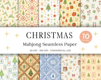 Mahjong Clipart – Christmas Mahjong Seamless Paper, Holiday Patterns, Watercolor Pattern