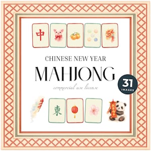May include: A decorative image with a cream and red border featuring the text "Chinese New Year Mahjong". The image includes watercolor illustrations of Mahjong tiles, a panda, and a rocket. The image also includes the text "commercial use license" and "31 images".