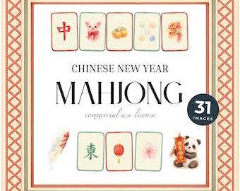 Watercolor Mahjong Tile Clipart, Chinese New year (CNY), Pastel Asian Design Set (PNG)