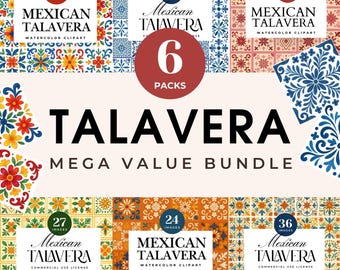 Mexican Talavera Clipart Bundle, Watercolor Floral Tiles (Digital Download)