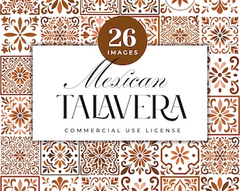 Orange Talavera Tile Clipart, Watercolor Floral Mosaic , transparent background (Digital Download)