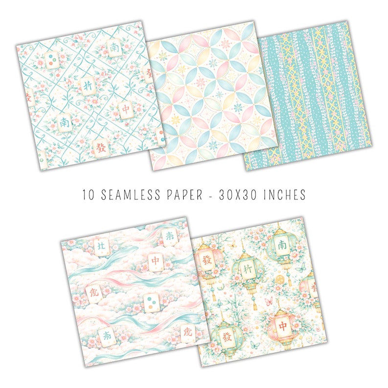 May include: Ten seamless papers, each 30 x 30 inches, featuring various pastel floral and geometric patterns. Some papers include Chinese characters and lantern designs in soft colors like blue, pink, and yellow.