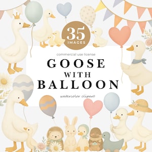 Goose With Balloon Clipart, Cute Silly Goose Png, Spring Vintage Cottagecore, Boho Baby Shower, Baby Birthday, Nursery Party, Wildflowers