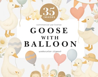 Gås med ballong Clipart: Cottagecore Nursery Art (PNG-nedladdning, 300 DPI)