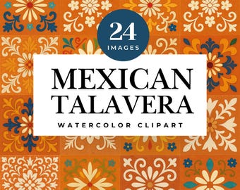 Mexicaanse talavera-tegels Clipart: aquarel bloemenmozaïek (digitale png-download)