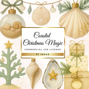Könnte beinhalten: Aquarell-Illustration mit maritimen Weihnachtsschmuck. Das Bild zeigt eine transparente Glaskugel mit Sand und Muscheln, einen Sanddollar und einen Weihnachtsbaum. Der Text lautet "Coastal Christmas Magic".