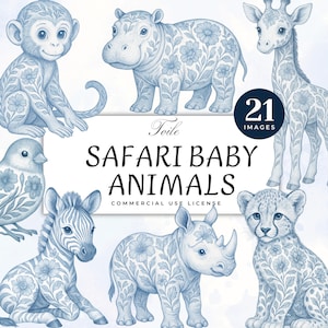 Puede incluir: Ilustraciones en azul y blanco de animales de safari bebés, incluyendo un mono, hipopótamo, jirafa, pájaro, cebra, rinoceronte y guepardo. Los animales están decorados con patrones florales. El texto dice "Safari Baby Animals".