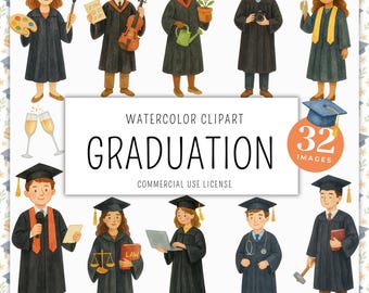 Aquarel afstuderen clipart, jongens en meisjes, pet, jurk, diploma (digitale png-download)