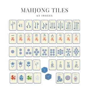 Puede incluir: Una colecci&oacute;n de fichas de Mahjong con varios s&iacute;mbolos y caracteres, incluyendo bamb&uacute;, c&iacute;rculos y caracteres chinos. La imagen tambi&eacute;n incluye dados y fichas con dise&ntilde;os florales. El texto "MAHJONG TILES" y "43 IMAGES".