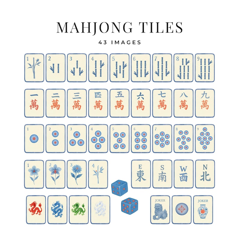 Puede incluir: Una colecci&oacute;n de fichas de Mahjong con varios s&iacute;mbolos y caracteres, incluyendo bamb&uacute;, c&iacute;rculos y caracteres chinos. La imagen tambi&eacute;n incluye dados y fichas con dise&ntilde;os florales. El texto "MAHJONG TILES" y "43 IMAGES".