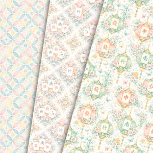 May include: Three patterned papers with floral and geometric designs. One features pastel circles, another has Mahjong tiles and flowers, and the third showcases lanterns and butterflies in soft colors.