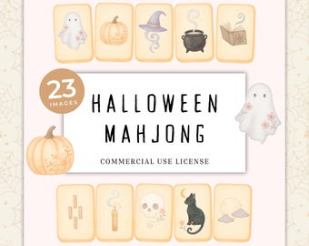 Watercolor Halloween Mahjong Clipart, Pastel Tile Set (PNG)