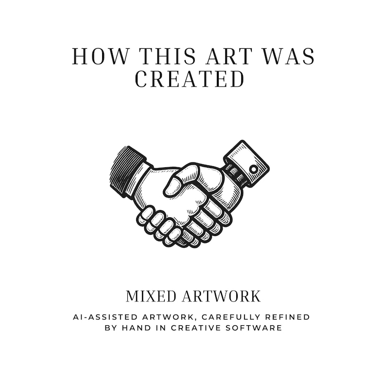 May include: A monochrome illustration of a handshake, with the text "HOW THIS ART WAS CREATED" at the top and "MIXED ARTWORK" below. The text "AI-ASSISTED ARTWORK, CAREFULLY REFINED BY HAND IN CREATIVE SOFTWARE" is also included.