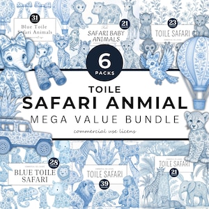 May include: A selection of blue toile safari animal illustrations, including elephants, giraffes, and zebras. The image features the text "Toile Safari Animal Mega Value Bundle" and "6 Packs".