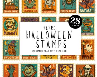 Clipart di francobolli vintage di Halloween, pacchetto PNG retrò (download digitale)
