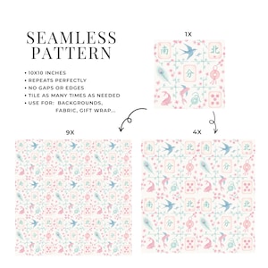 May include: A seamless pattern design with a repeating motif of birds, fish, and floral elements in pastel colours. The design includes text and is suitable for backgrounds, fabric, and gift wrap. The pattern is 25.4 x 25.4 cm.