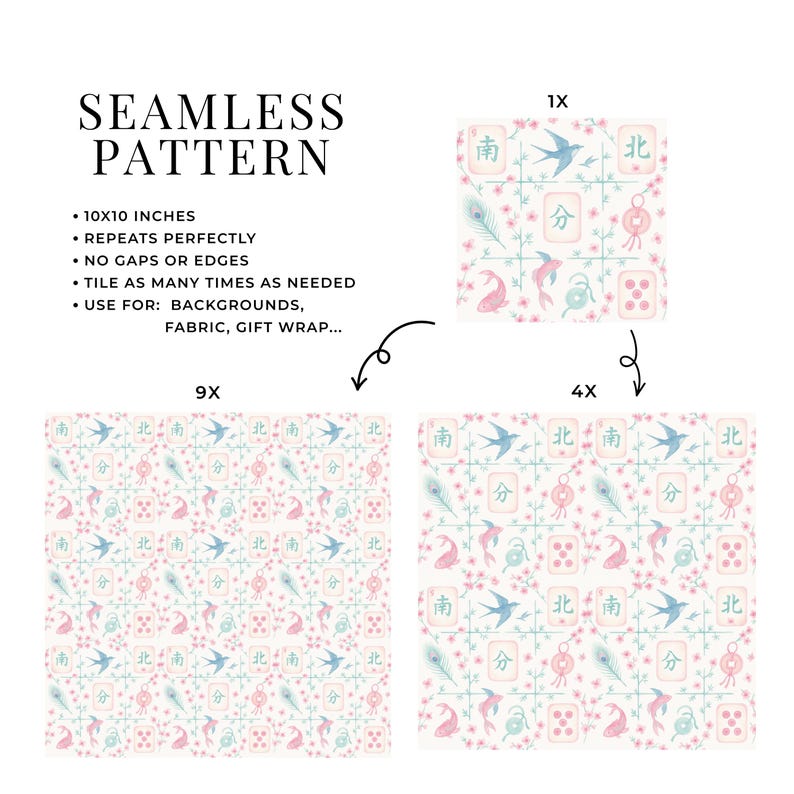 May include: A seamless pattern design with a repeating motif of birds, fish, and floral elements in pastel colours. The design includes text and is suitable for backgrounds, fabric, and gift wrap. The pattern is 25.4 x 25.4 cm.