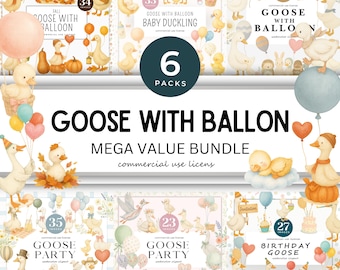 Goose with Balloon Clipart Bundle, Watercolor Animal PNG (Digital Download)