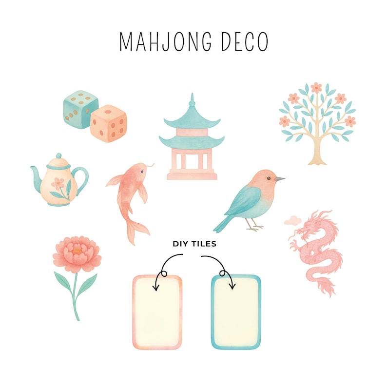 Akvarell Mahjong-kakel Clipart, asiatiska designelement (PNG) bild 3