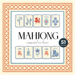 May include: A collection of illustrated Mahjong tiles with various symbols and numbers, including a red dragon, blue flowers, and a vase. The word "MAHJONG" is displayed prominently, along with "commercial use license" and "51 images". The design is framed with orange and blue borders.