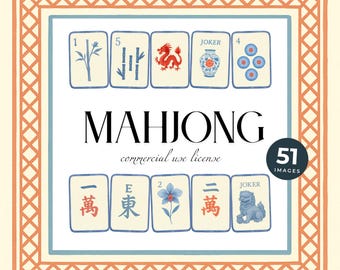 Watercolor Mahjong Tile Clipart Set, Pastel Asian Tiles, Seamless Pattern (PNG)