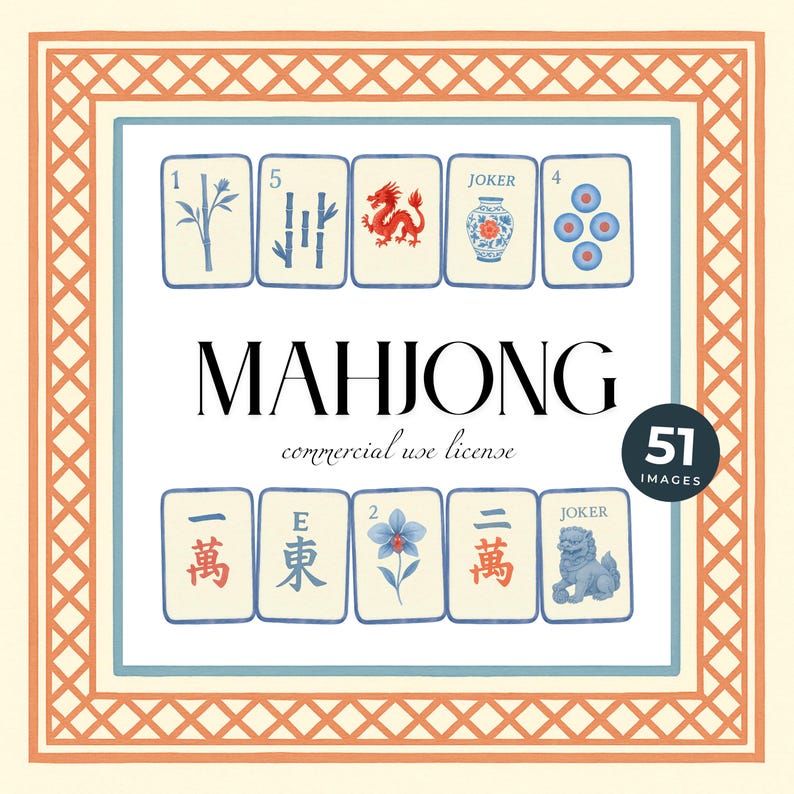 Puede incluir: Ilustraci&oacute;n de fichas de Mahjong con varios s&iacute;mbolos, incluyendo un drag&oacute;n rojo, flores azules y un jarr&oacute;n. La palabra "MAHJONG" se muestra prominentemente, junto con "commercial use license" y "51 images". El dise&ntilde;o est&aacute; enmarcado con bordes naranjas y azules.