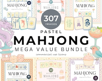 Pacote de imagens de Mahjong em tons pastel, PNG de peças asiáticas (Download digital)