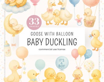 Clipart de ganso en acuarela: Baby Shower estilo cottagecore PNG (descarga digital, 33 PNG)
