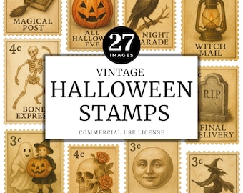 Pacchetto di clipart di francobolli vintage di Halloween, PNG spettrali (download digitale)