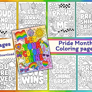 Op de afbeelding: Een verzameling kleurplaten voor de Pride Month. De pagina's bevatten verschillende ontwerpen met teksten als "Loud and Proud", "Let Your Colors Shine" en "Proud to be Me". De pagina's zijn zwart-wit.