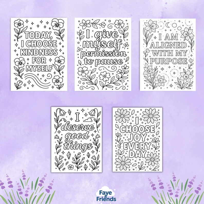 Affirmation Coloring Pages – 30 unique positive quote designs with floral and decorative doodles for mindfulness, self-care, and stress relief. Printable PDF instant download for adults and kids, perfect for relaxation, motivation, art therapy, or homeschooling activities. Bold, clean outlines make them easy to color with crayons, markers, or pencils. Great for personal growth, creative projects, classroom inspiration, and mindful leisure at home or in educational settings.