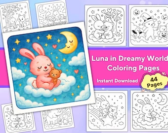 Kawaii Bunny Coloring Book PDF – 44 Cute Animal Pages for Kids & Toddlers – Digital Printable Coloring ,Preschool